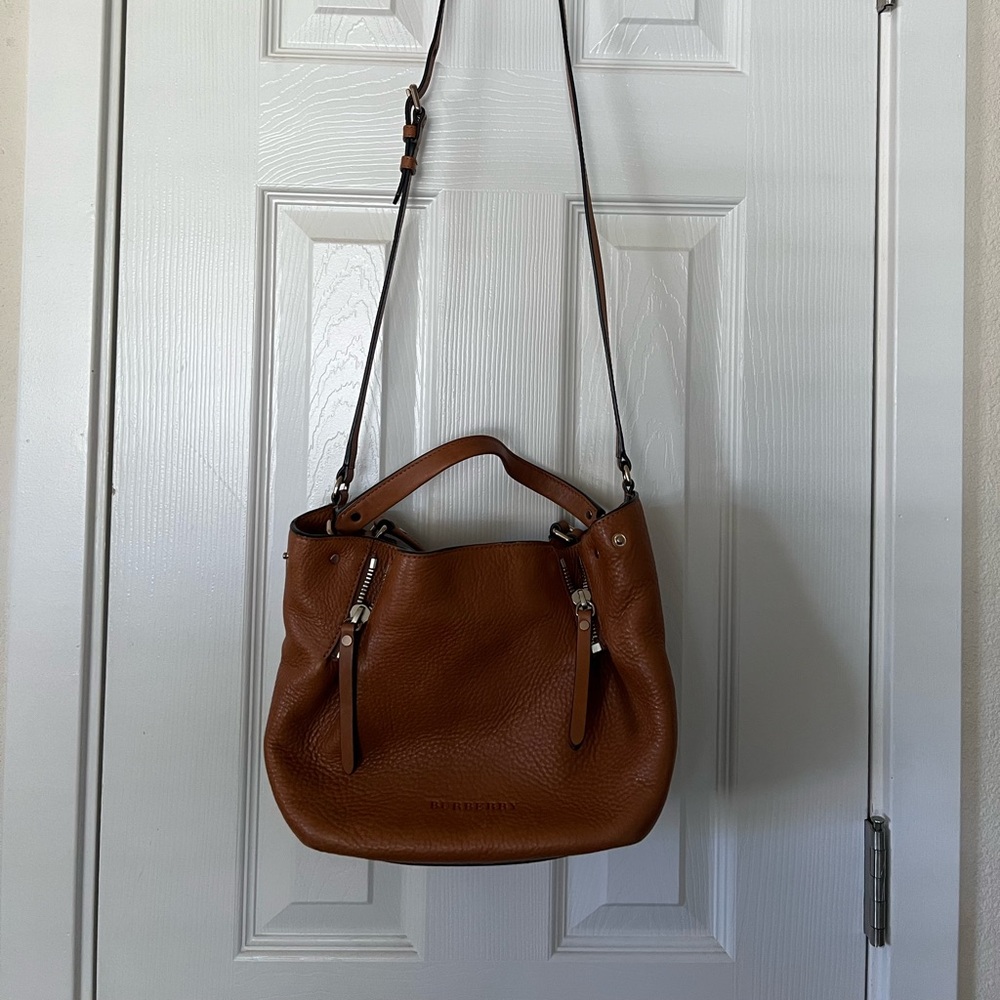 Burberry Grainy Calfskin House Check Small Maidstone Saddle Brown